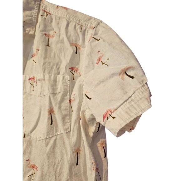 Free Planet Mens Button-Up Shirt Size Small Flamingo Palm Tree Print White Pink - Picture 8 of 12